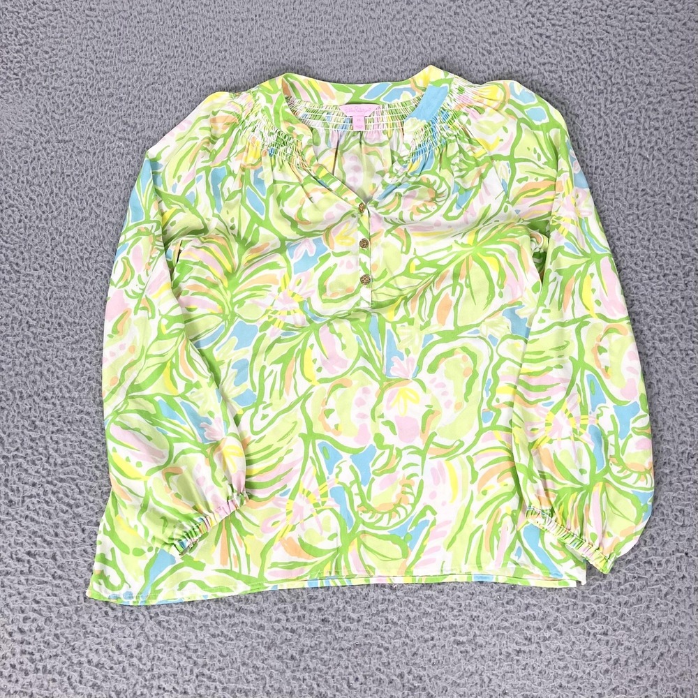 Lilly Elsa Pulitzer Silk‎ Tunic Blouse Womens XS Multicolor Floral Resort Travel
